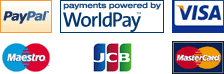 Payments powered by WorldPay: PayPal, Visa, Maestro, American Express, JCB and MasterCard accepted. Credit Card Logos